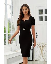 Deafox - Schwarzes Kleid Aus Importiertem Krepp Mit Kurzen Ärmeln Und Offenem Kragen Vorne Mit Ringdetail Für Damen - Lyst