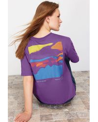 Trendyol - Bedrucktes Strick-T-Shirt Aus 100 Baumwolle, Entspannte/Bequeme Passform, Für Damen - Lyst