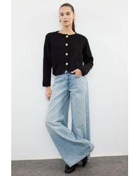 Trendyol - Schwarzer Strick-Cardigan Mit Rundhalsausschnitt – Jacken-Look Für Damen - Lyst