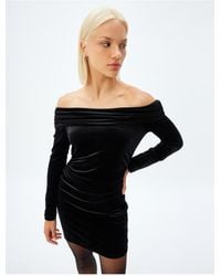 Koton - Mini-Kleid Aus Schulterfreiem Samt Mit Langen Ärmeln Und Schmaler Passform Für Damen - Lyst