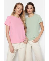 Trendyol - Pink-mintfarbenes 2er-pack gestricktes t-shirt aus 100 % baumwolle mit rundhalsausschnitt und single-jersey - Lyst