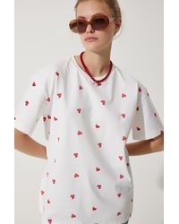 Happiness İstanbul - Weißes, Langes, Gestricktes T-Shirt Mit Herzmuster 100 Baumwolle, Übergröße, Für Damen - Lyst
