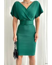 Deafox - Grünes, Zweireihiges Scuba-Kleid Mit Kragen Und Gürtel Für Damen - Lyst