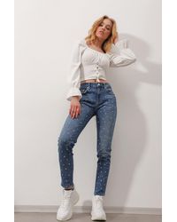 Trend Alaçatı Stili - Blaue Skinny Jeans Mit Hoher Taille Und Fünf Taschen Im Vogelaugen-Design Für Damen - Lyst