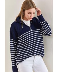 Bianco Lucci - Sechs-Streifen-Strickpullover Mit Rollkragen Und Reißverschluss Für Damen - Lyst