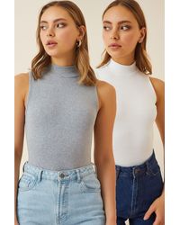 Happiness İstanbul - Bluse Mit Rollkragen, Ärmellos, 2Er-Pack, Grau-Weiß, Gestrickt, Für Damen - Lyst