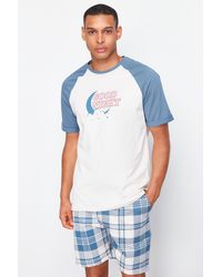 Trendyol - Marineblau ecrufarbenes pyjama-set mit karomuster und gestrickten shorts in normaler passform - Lyst