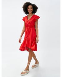 Koton - Kleid mit v-ausschnitt, leinenmischung, rüschen, geknöpft, taille gebunden - Lyst