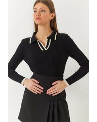Bianco Lucci - Polokragen, Gerippt, Gestreift, Detaillierte Saisonale Langarm-Strickbluse Für Damen - Lyst