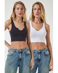 Happiness İstanbul - Anthrazit-Weiße 2-Teiliges Set Mit Kurzen Strickblusen Mit Trägern Für Damen - Lyst