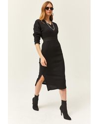 Olalook - Schwarzes Kleid Mit V-Ausschnitt Und Seitlichem Schlitz Dicke Kordel Für Damen - Lyst