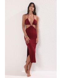 Trendyol - Burgunderrotes, Figurbetontes Maxi-Strandkleid Mit Ausschnitt/Fenster Und Strickmuster Für Damen - Lyst