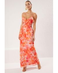 Trendyol - Mehrfarbiges, A-Linien-Blumen-Flatter-Tüll-Strick-Langes, Stilvolles Abendkleid, Nachtkleid Für Damen - Lyst