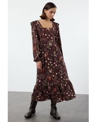 Trendyol - Braunes A-Linien-Viskosekleid Mit Rüschen Und Blumendruck – Für Damen - Lyst