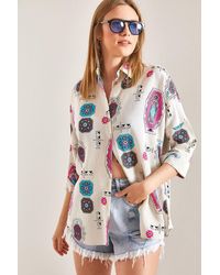 Bianco Lucci - Gefaltetes, Gemustertes Leinenhemd Für Damen - Lyst