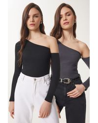 Happiness İstanbul - Anthrazit-Schwarze, Offen Schulterige, Gerippte 2-Teilige Strickbluse Für Damen - Lyst