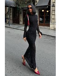 Trendyol - Schwarzes, Beflocktes, Bedrucktes, Mit Tüll Gefüttertes Maxi-Abendkleid Für Die Nacht, Abschlusskleid Für Damen - Lyst