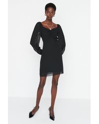 Trendyol - Schwarzes A-Linien-Kleid Mit Mini-Chiffonärmeln, Gefüttert Und Strukturiert, Gewebtes Kleid Für Damen - Lyst