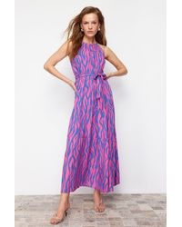 Trendyol - Fuchsia Animal Shift Neckholder Neckholder Shally Maxi Webkleid Für Damen - Lyst