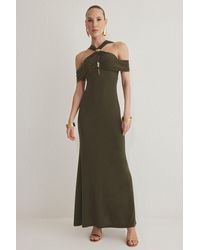 Trendyol - Khakifarbenes, Figurbetontes Accessoire, Detailliertes, Gestricktes, Langes, Stilvolles Abendkleid, Nachtabendkleid Für Damen - Lyst