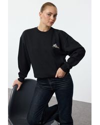 Trendyol - Dickes Fleece-Innenteil, Schwarzes, Besticktes Strick-Sweatshirt – Normale Passform, Twoaw24Sw00196 Für Damen - Lyst