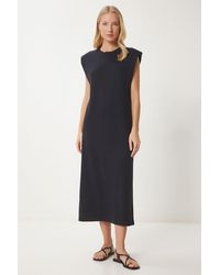 Happiness İstanbul - Schwarzes, Wattiertes Basic-Sommer-Modalkleid Für Damen - Lyst