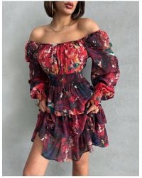 BEJNA - Burgunderrotes Chiffonkleid Mit Gemustertem Rock Mit Quadratischem Kragen Und Lagenfutter Für Damen - Lyst