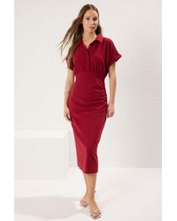 Trendyol - Burgunderrotes, Gerades Midi-Webkleid Für Damen - Lyst