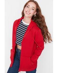 Trendyol - Rotes Oversize/Weite Passform Sweatshirt Mit Reißverschluss Und Kapuze Aus Dickem Fleece Innen Für Damen - Lyst