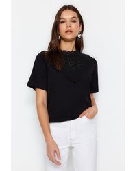 Trendyol - Schwarze Gestickte Stehkragen-Basic-Strickbluse Aus Baumwolle Mit Normaler Passform Für Damen - Lyst