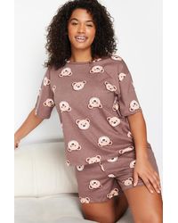 Trendyol - Es pyjama-set aus baumwollstrick mit teddybär-aufdruck - Lyst