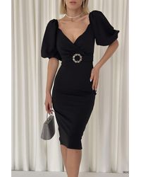 Deafox - Schwarzes, Kurzärmliges Kleid Aus Kreppstoff Mit Gürtel Für Damen - Lyst
