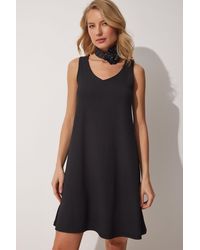 Happiness İstanbul - Schwarzes Sommer-Strickkleid Mit V-Ausschnitt Für Damen - Lyst