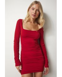 Happiness İstanbul - Rotes Kleid Mit Quadratischem Kragen Und Raffung, Sandy, Für Damen - Lyst