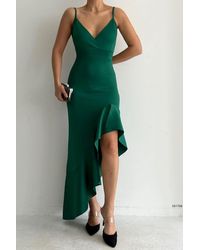 Deafox - Grünes Asymmetrisches Abendkleid Mit Volant Und Dünnem Rockende Aus Scuba-Stoff Für Damen - Lyst