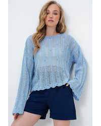 Trend Alaçatı Stili - Blaue Strickbluse Mit U-Boot-Ausschnitt Und Durchbrochenem, Mit Steinen Besticktem Sommer-Strickbluse Für Damen - Lyst