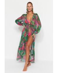Trendyol - Tropisch Gemusterter Maxi-Kimono Und Kaftan Aus Gestricktem Chiffon Mit Streifen-Accessoires Für Damen - Lyst
