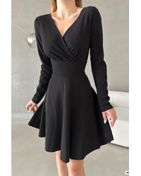 Deafox - Schwarzes Ausgestelltes Kleid Aus Crêpe-Stoff Mit Zweireihigem Kragen Und Langen Ärmeln Für Damen - Lyst