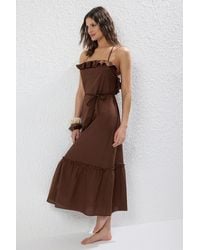 Trendyol - Braunes Maxi-Strandkleid Mit Gewebten Rüschen Aus 100 Baumwolle Für Damen - Lyst