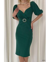 Deafox - Grünes, Kurzärmliges Kleid Aus Kreppstoff Mit Gürtel Für Damen - Lyst