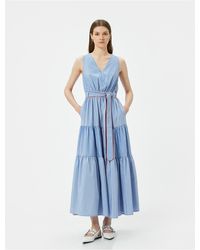 Koton - Langes Kleid Mit Riemchen, V-Ausschnitt Und Volant, Gürtel Für Damen - Lyst