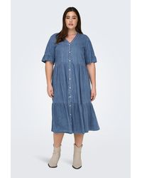 Only Carmakoma - Jeanskleid Locker Geschnitten V-Ausschnitt Glockenärmel Kurzes Kleid Für Damen - Lyst