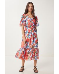 Happiness İstanbul - Orangefarbenes, Blaues, Floral Gemustertes Sommer-Chiffonkleid Mit Volant Für Damen - Lyst