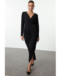 Trendyol - Schwarzes, Gestricktes, Langes, Stilvolles Abendkleid Mit V-Ausschnitt Und Heimkehrkleid Für Damen - Lyst