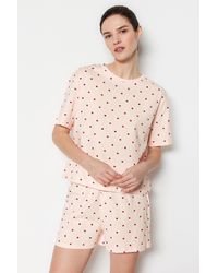 Trendyol - Hell pyjama-set aus t-shirt und shorts mit herzmuster, 100 % baumwolle, strick - Lyst