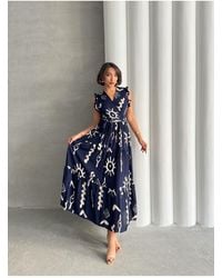 BEJNA - Marineblaues, Gewebtes Kleid Mit Fliegenärmeln Und Zweireihigem Ausschnitt Für Damen - Lyst