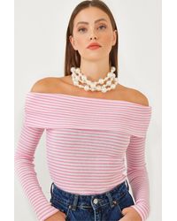 Bianco Lucci - Gestreifte, Langärmlige Bluse Mit Madonna-Kragen Für Damen - Lyst