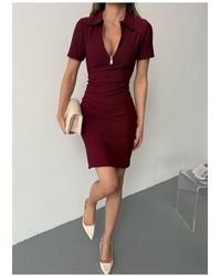 BEJNA - Burgunderrotes Kleid Mit Reißverschluss Und Polokragen Für Damen - Lyst