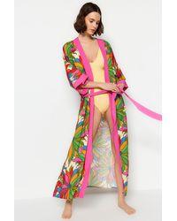 Trendyol - Gewebter maxi-kimono und kaftan mit blumenmuster und gürtel - Lyst