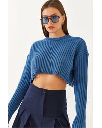 Bianco Lucci - Crop-Strickpullover Mit Rundhalsausschnitt Und Zerrissenem Detail Für Damen - Lyst